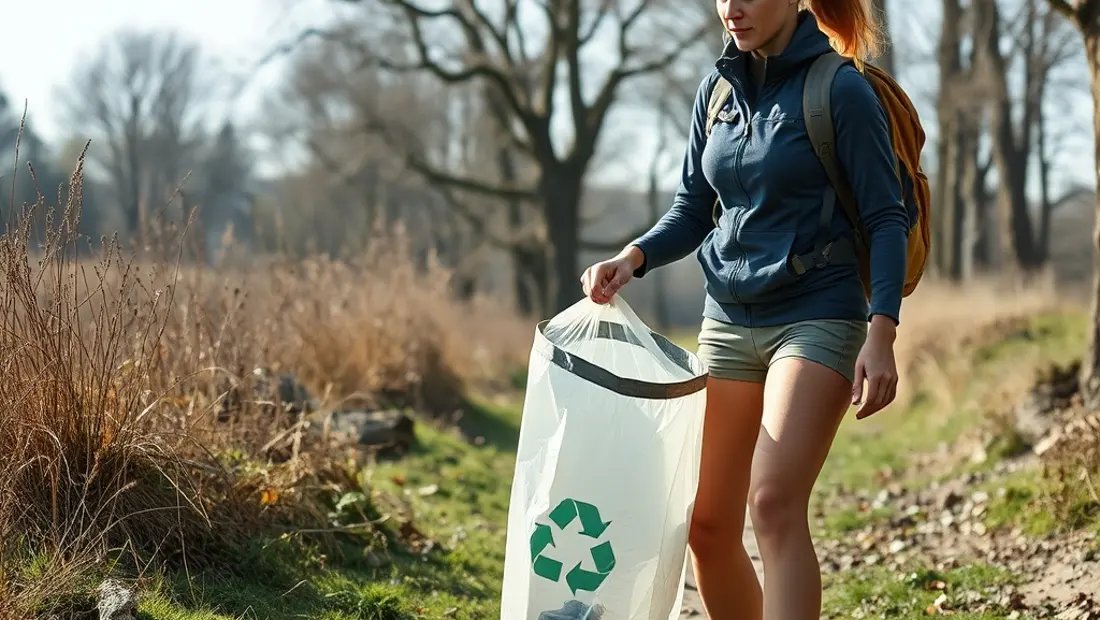 Frau sammelt Abfälle in einem Naturpark
