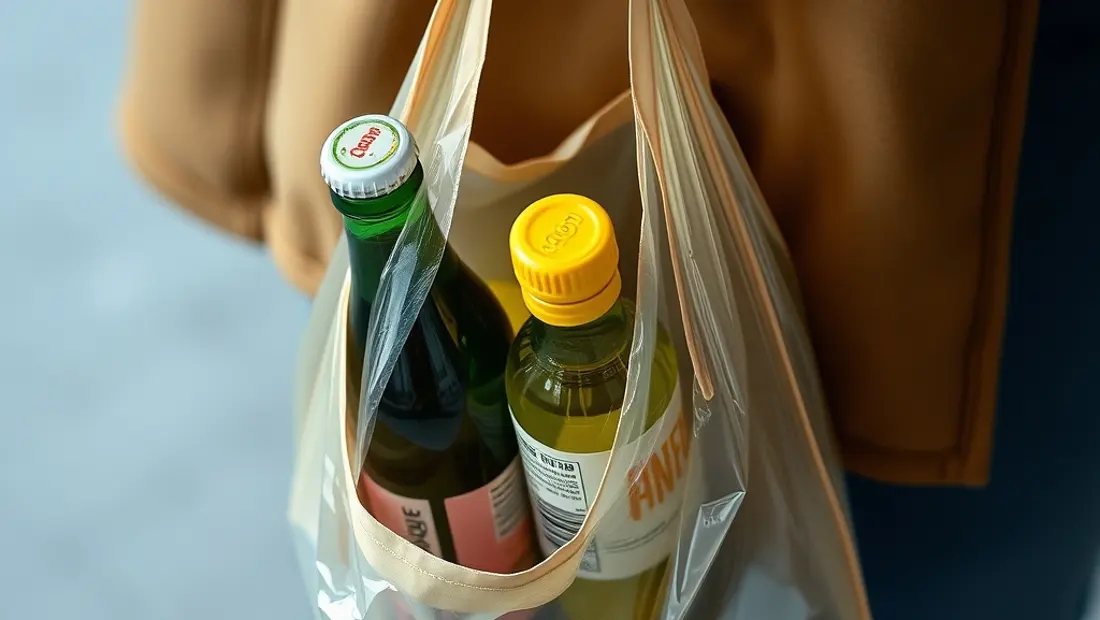 Hand hält einen kleinen Müllsack mit Plastikflaschen und Kartons