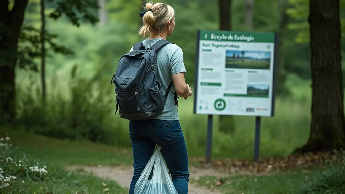 Mann in Wanderkleidung schaut in einem Naturpark auf einen Müllsack
