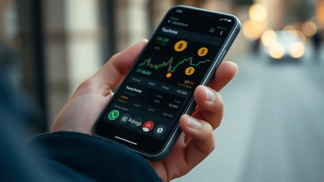 Hand hält Smartphone mit Kryptowährungs-App im Hintergrund