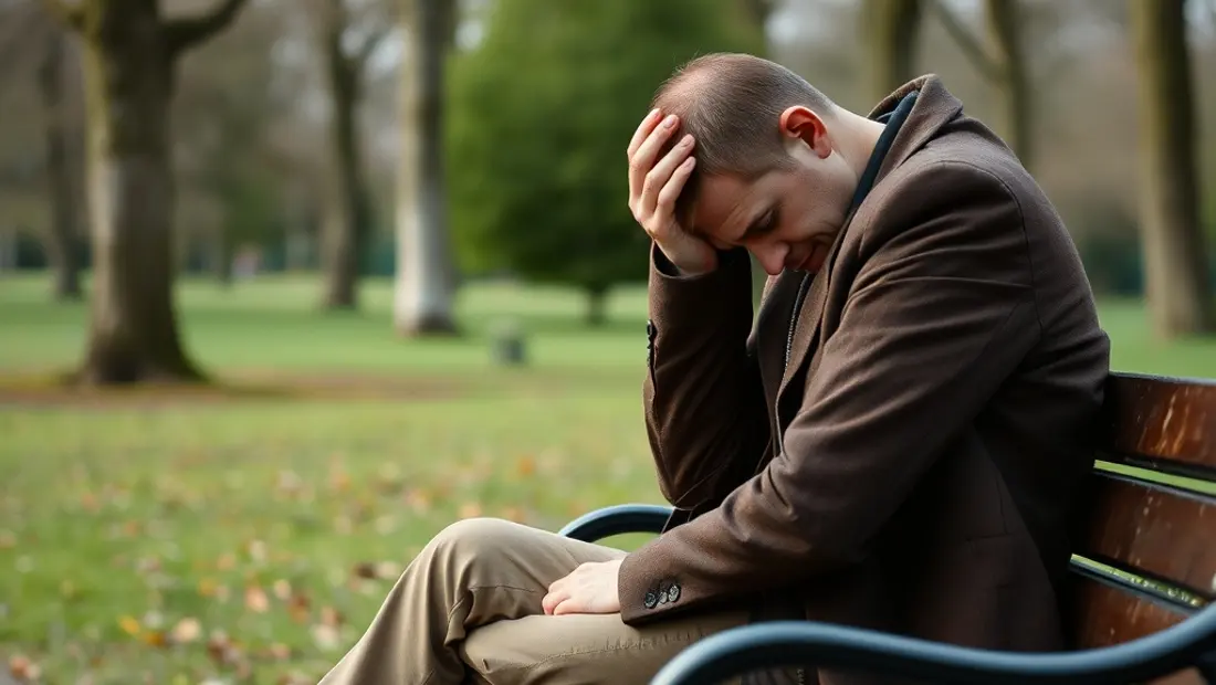 Mann mit Verletzung auf einem Sitz im Park.