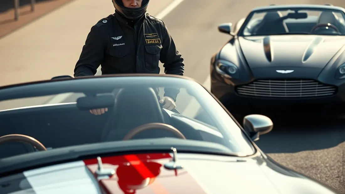 Rennfahrer neben einem Rennwagen in einer Rennstall