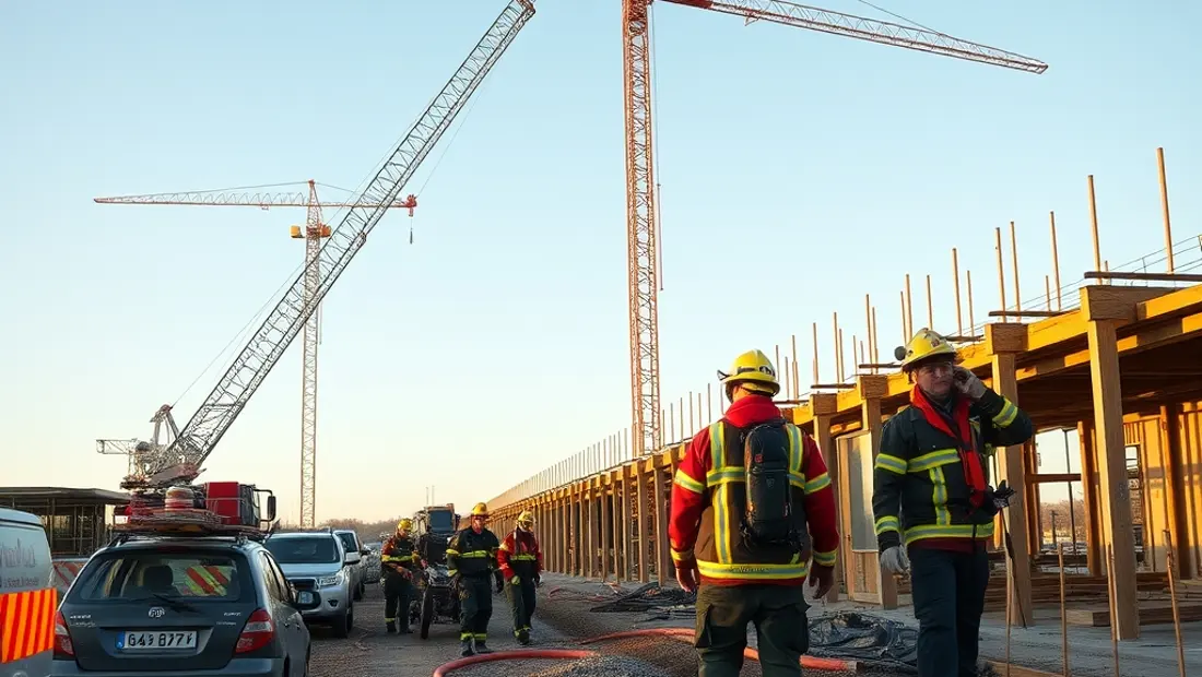 Feuerwehrleute bauen Funkzentrale auf Baustelle