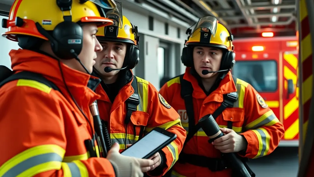 Feuerwehrleute testen Funkverbindung in der Funkzentrale