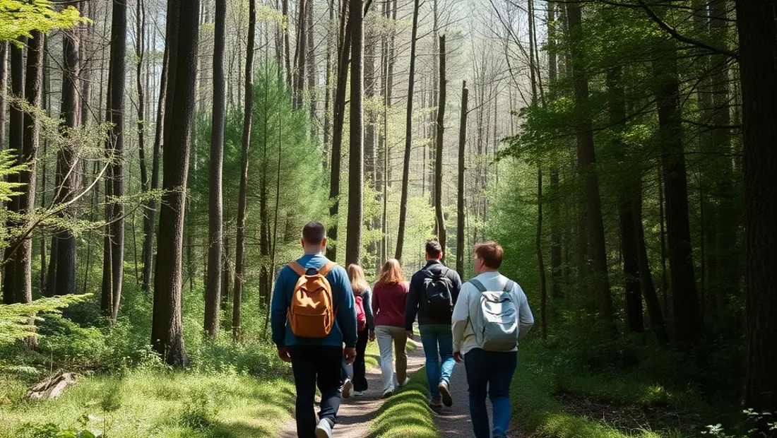 Gruppe wandert durch einen Waldweg.