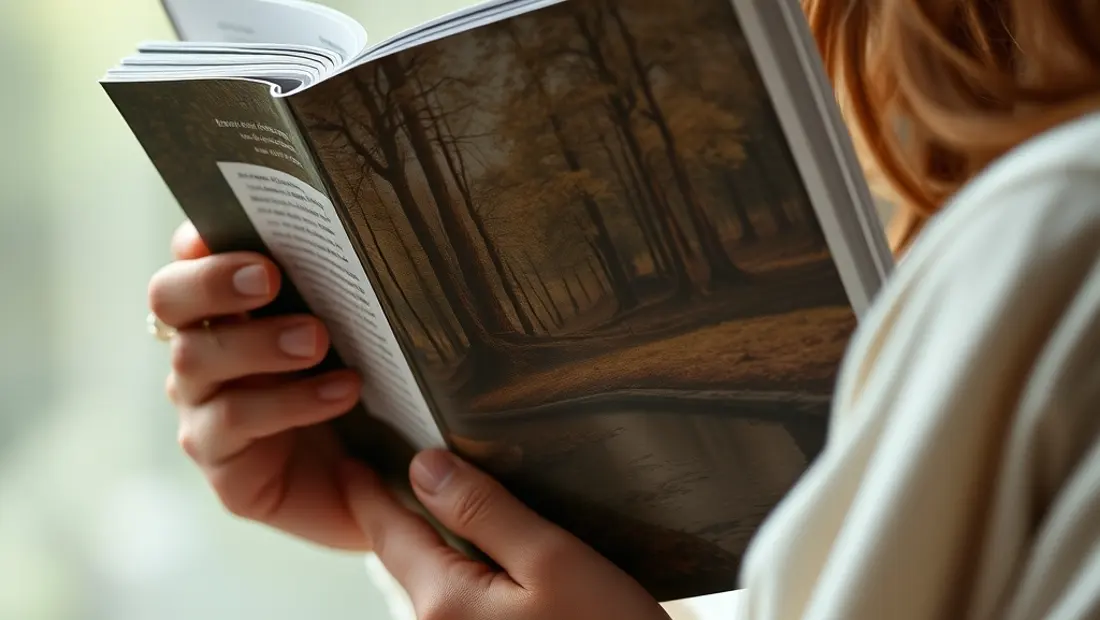 Ein Mensch hält ein Buch oder Magazin mit einer Naturfotografie
