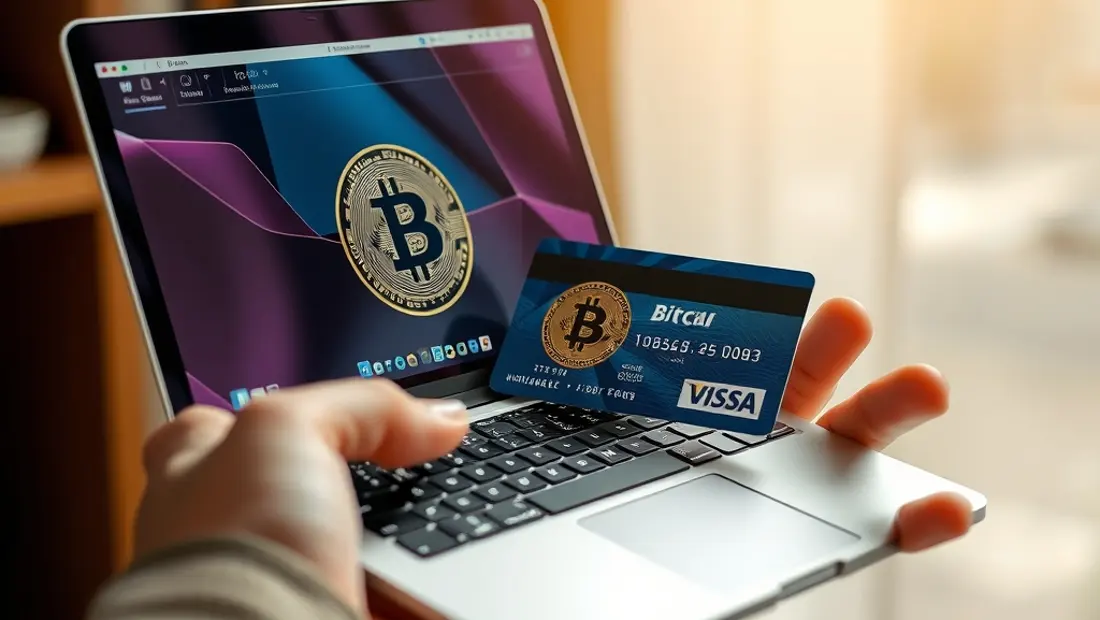 Eine Hand hält ein Laptop mit einer Kreditkarte und einer Bitcoin-Münze auf dem Bildschirm.