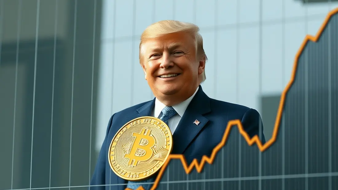 Ein Grafik zeigt die Preisentwicklung von Bitcoin mit Trump im Zentrum, der lächelt.