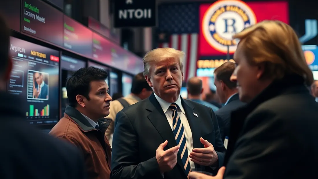 Ein Markt für Kryptowährungen mit Menschen, die diskutieren und auf Bildschirme starren, mit Trump im Hintergrund.