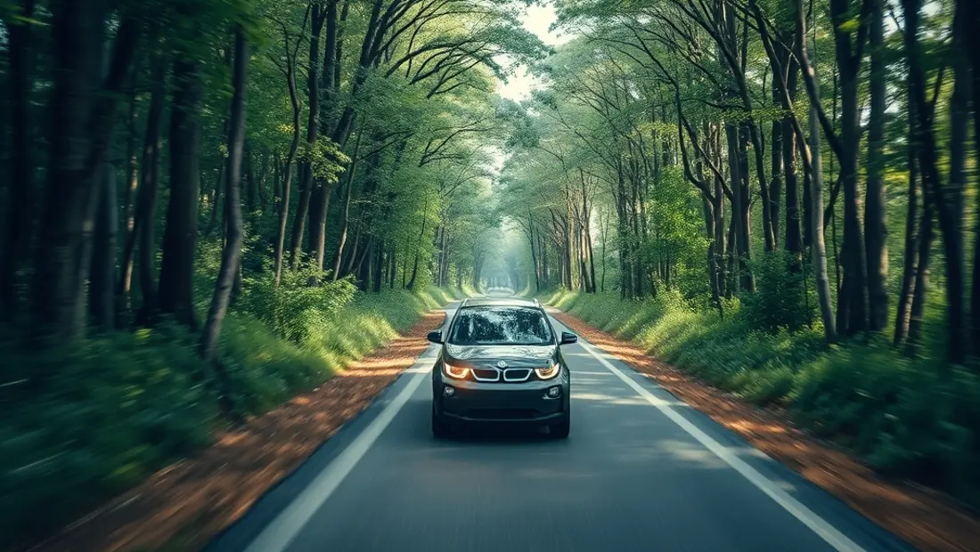 Elektroauto auf einer serpentinenartigen Straße in einem Wald.