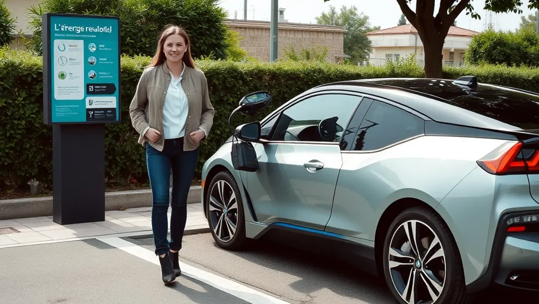 Eine Person neben einem Elektroauto vor einem Infotafel über erneuerbare Energie.