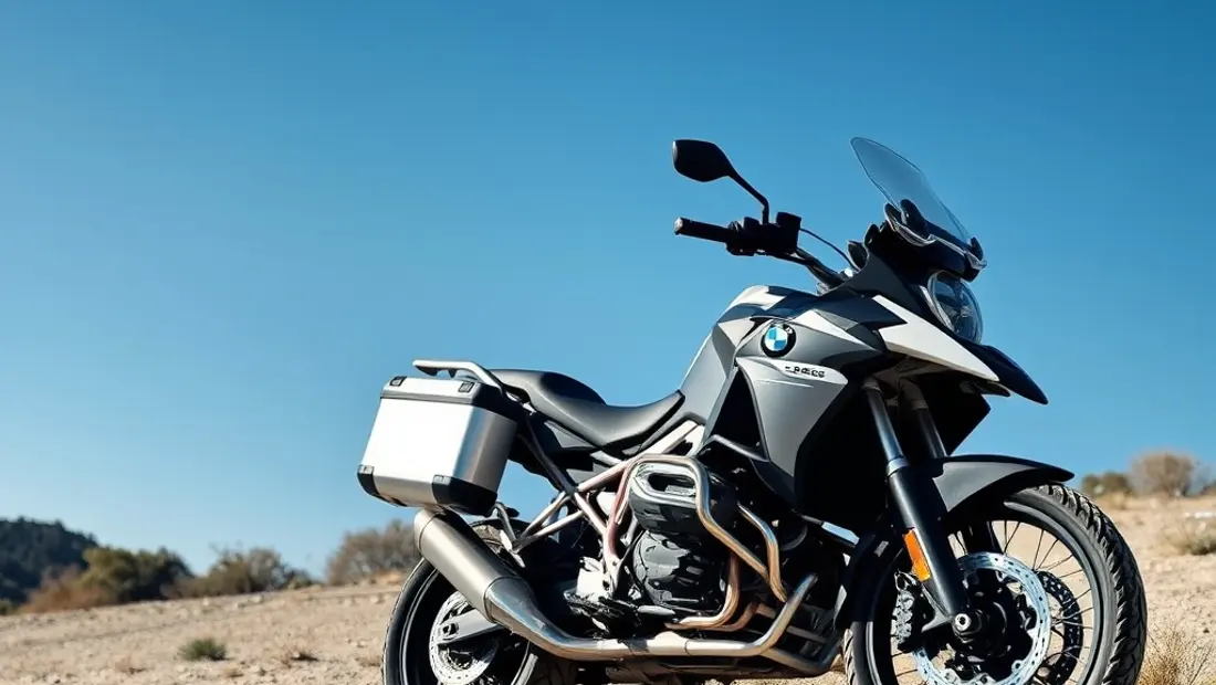 BMW R 1200 GS auf einem Kiesweg unter blauem Himmel