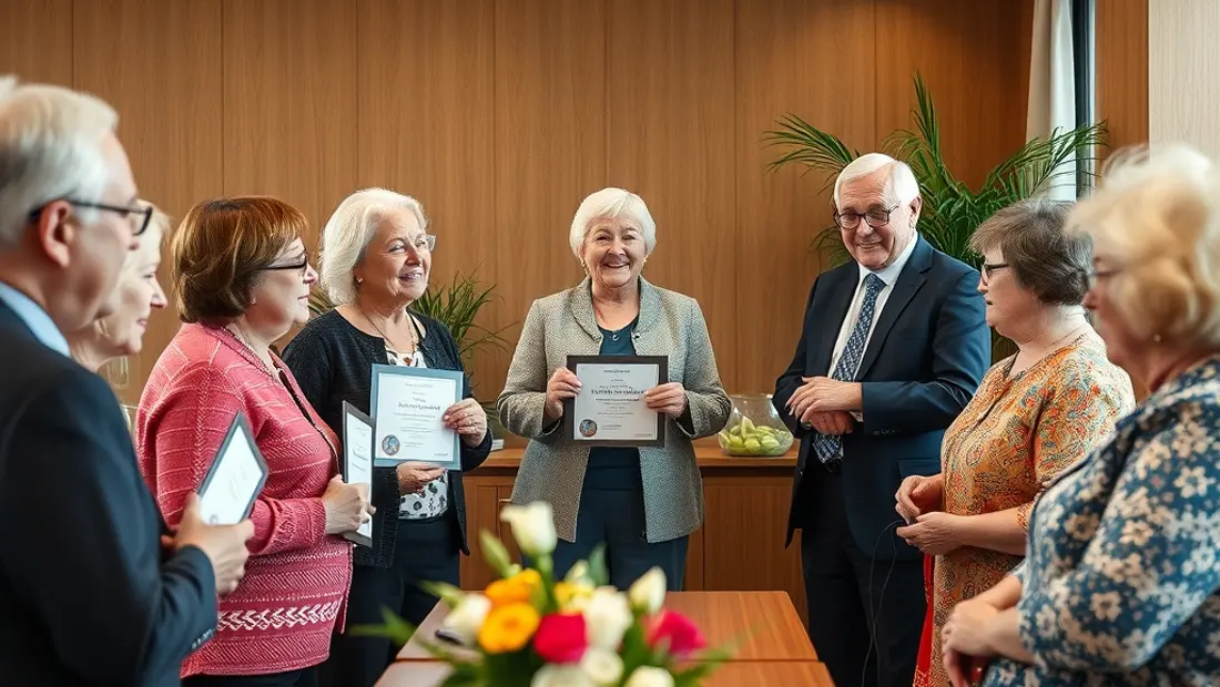 Mitarbeiter erhalten Auszeichnungen in einem Raum mit Blumen