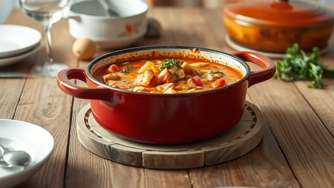 Brokkoli-suppe auf einem Holztisch in einer Küche.