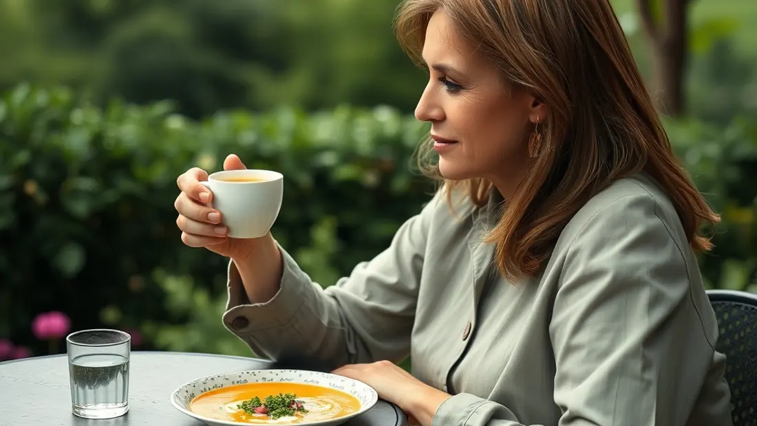 Ein Mann isst eine Brokkolisuppe im Garten.