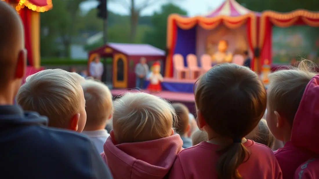 Kinder beobachten ein Kasperltheater auf einer Außenbühne