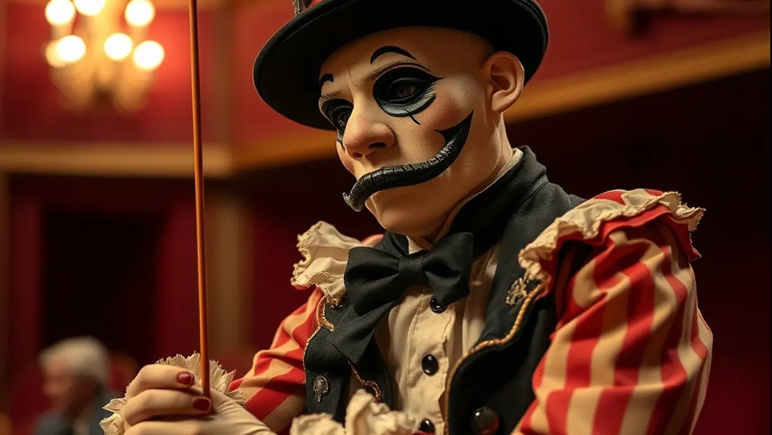 Marionettist handhabt Kasperltheaterfiguren mit Kulissen
