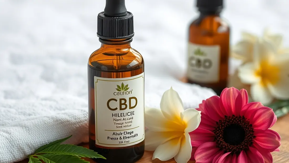 Flasche mit CBD-Oel auf einem Massage-Tisch.