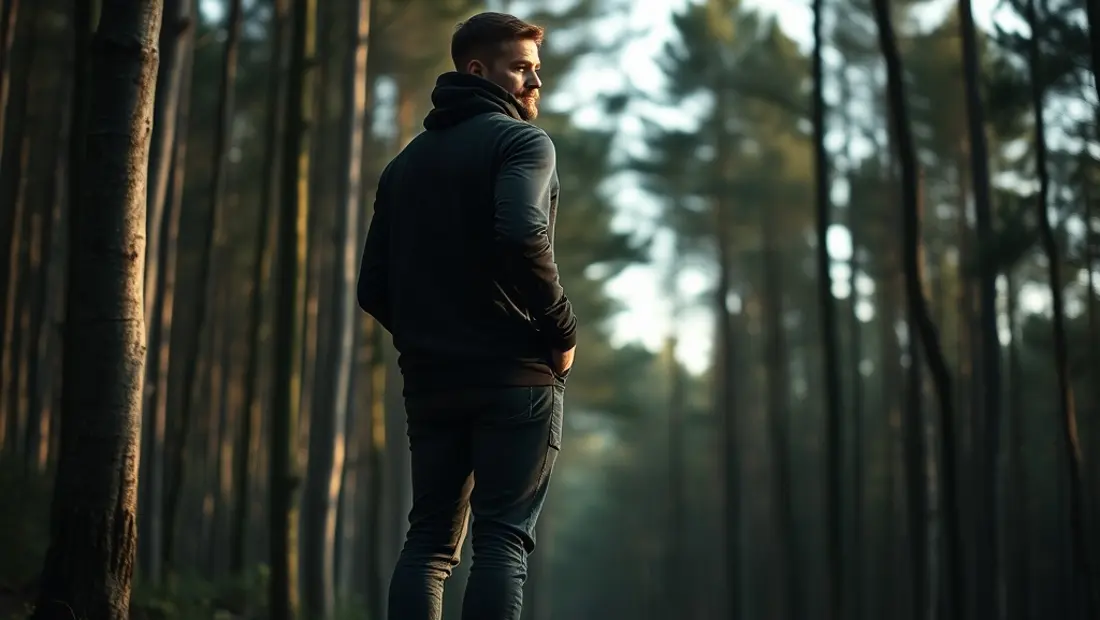 Ein Mann steht in einem Wald und blickt nach vorn.