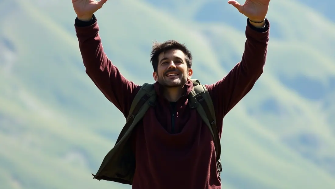Ein Mann in Flug, mit ausgebreiteten Armen, in einem grünen Bergland.