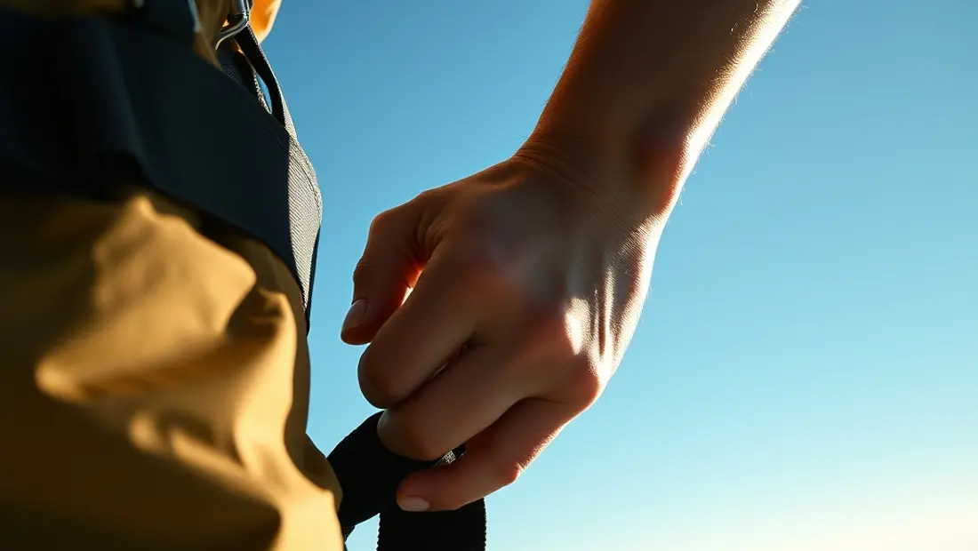 Ein Detail der Hand von Daniel Kofler, mit einem Fallschirm, vor einem blauen Himmel.