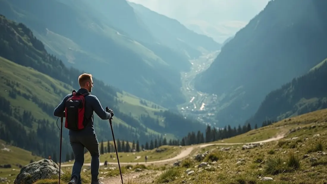 Daniel Kofler beim Gleiten in einem alpinen Landschaft, mit Bergen und Tälern im Hintergrund.