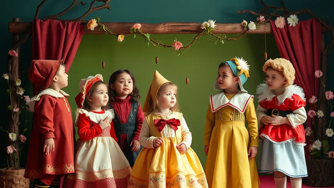 Kindertheaterbühne mit bunten Kostümen und natürlichen Dekoren.