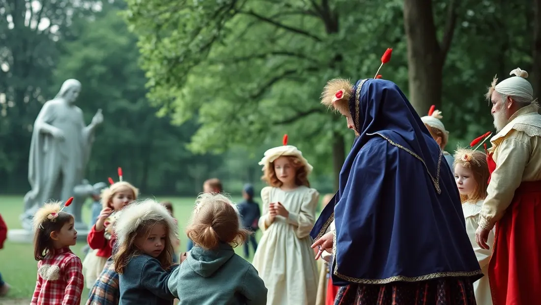 Kindertheatergruppe in einem Naturpark mit Bäumen und Blumen.