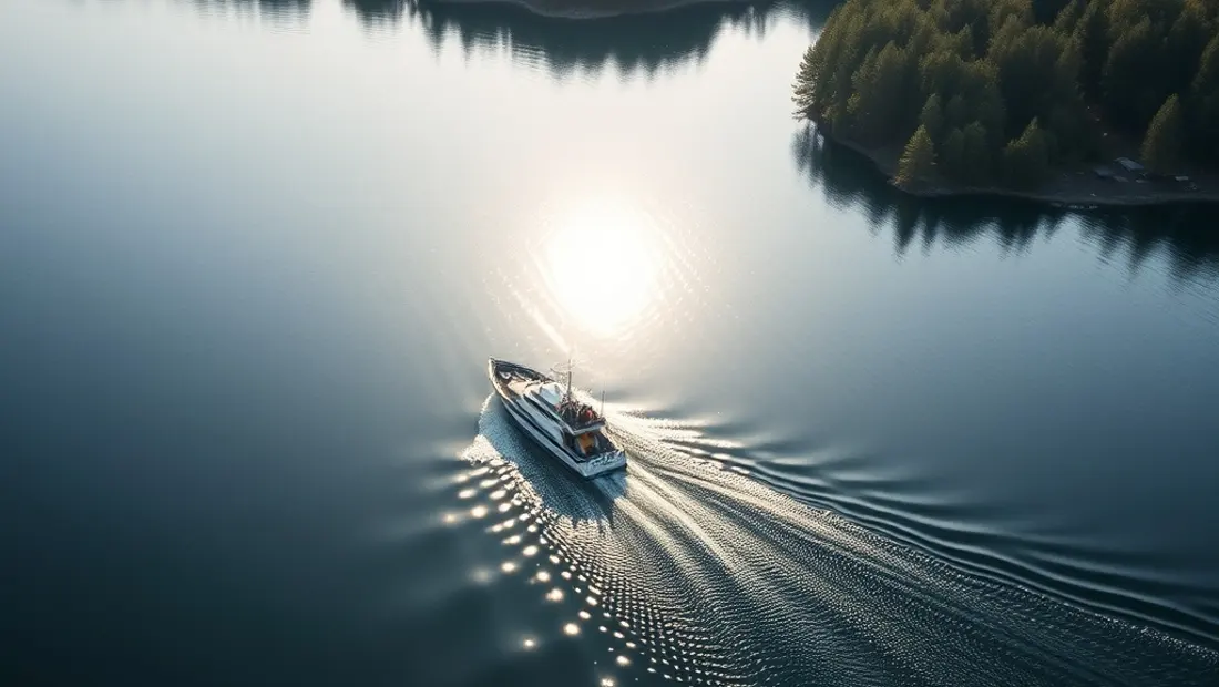 Ein See mit einem Boot, das Schwimmer absetzt