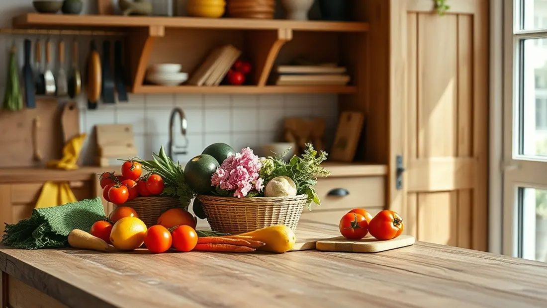 Ein Arbeitsplatz mit Holz-Küchenmöbeln, frischen Gemüse und Blumen
