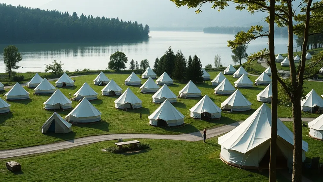 Campingplatz mit Zelten und See im Hintergrund.