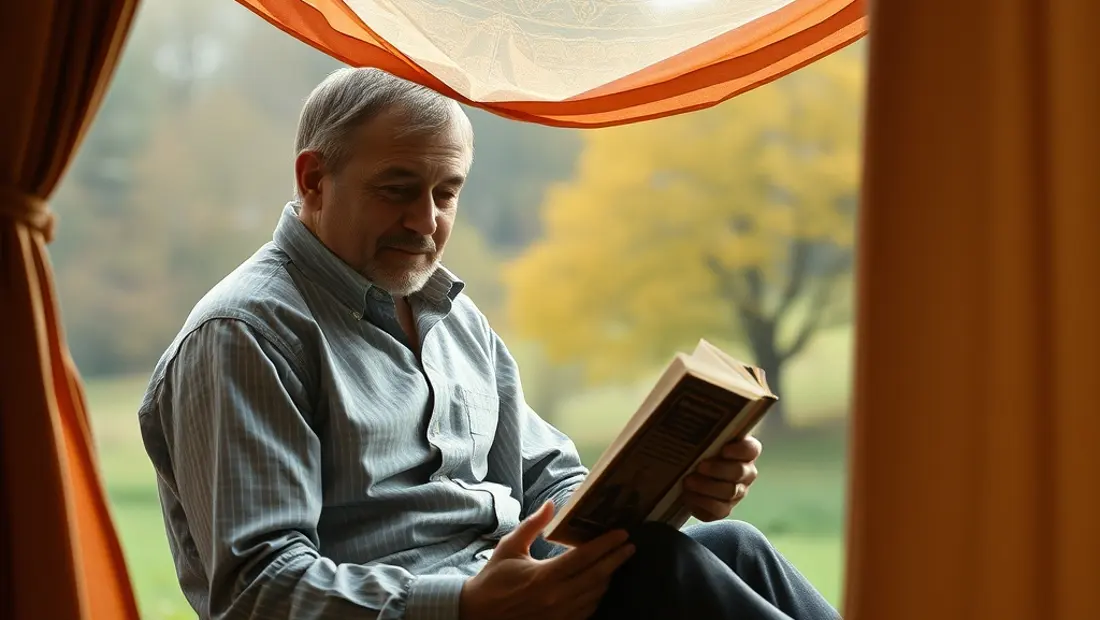 Mann liest Buch im Zelt.