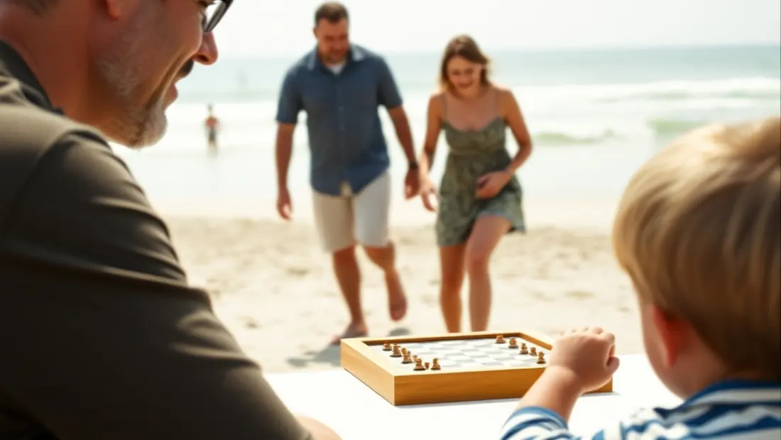Familie unterhält sich am Strand.