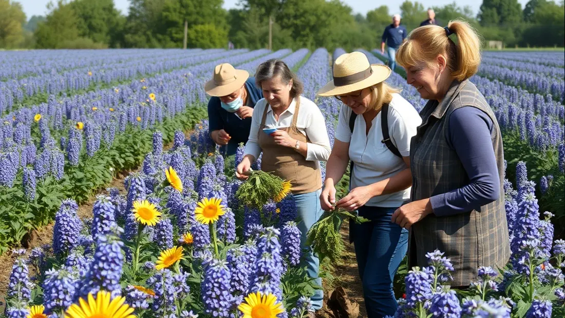 Menschen arbeiten in einem Sonnenblumenfeld.