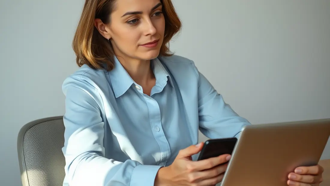 Person mit Laptop und Smartphone arbeitet zu Hause