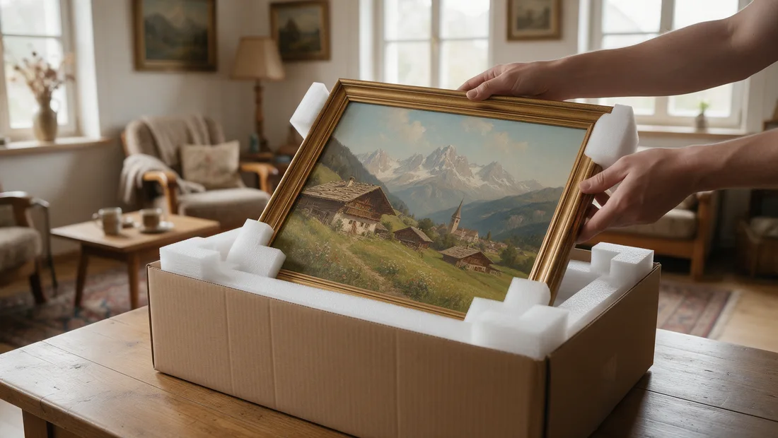 Gerahmtes Gemälde mit Schaumstoffecken in einem Versandkarton im Wohnzimmer