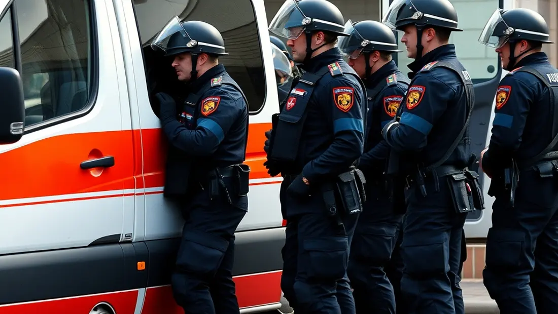 Gruppe von Feuerwehrleuten vor einem Rettungswagen