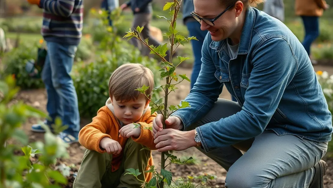 Ein Kind und ein Erwachsener pflanzen einen Baum in einem Gemeinschaftsgarten.