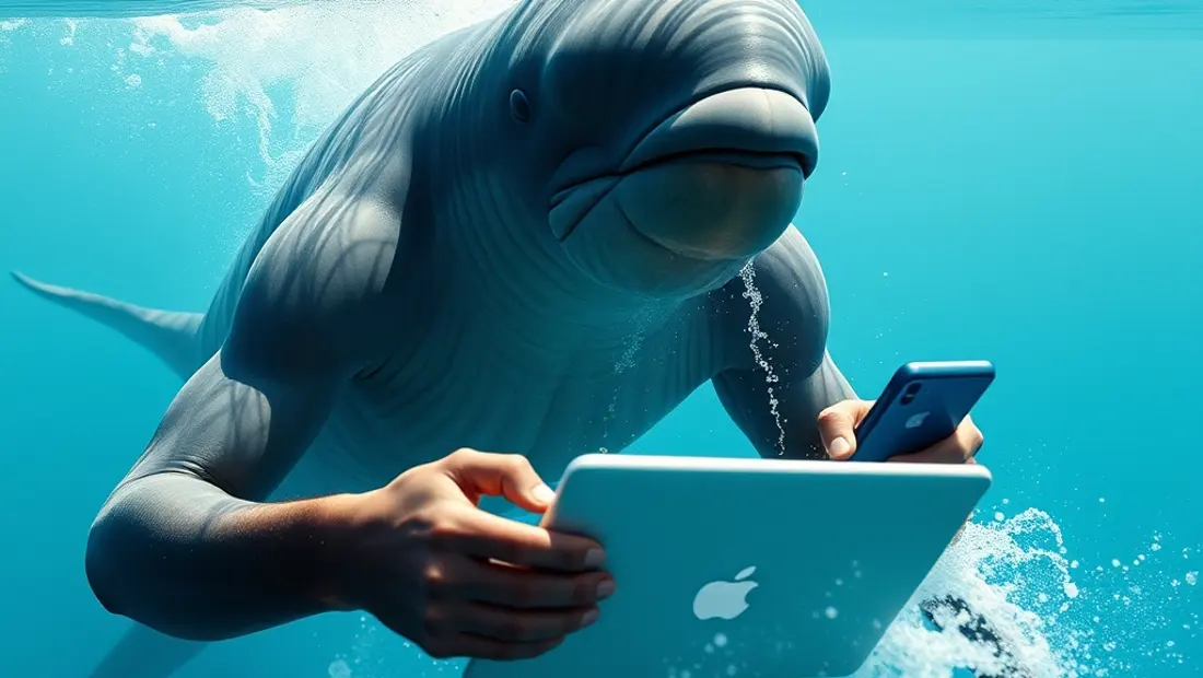 Ein Walfisch taucht mit einem Laptop und einer Spielekonsole in der Hand