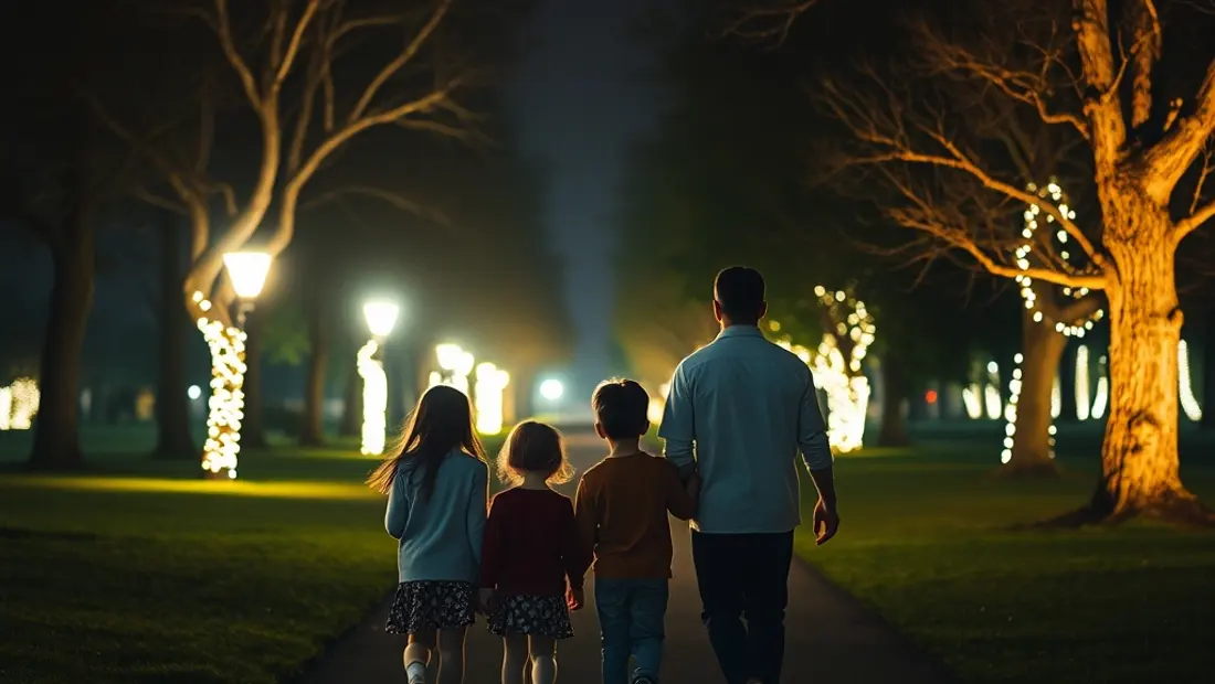 Familie im beleuchteten Park bei Nacht mit Kindern