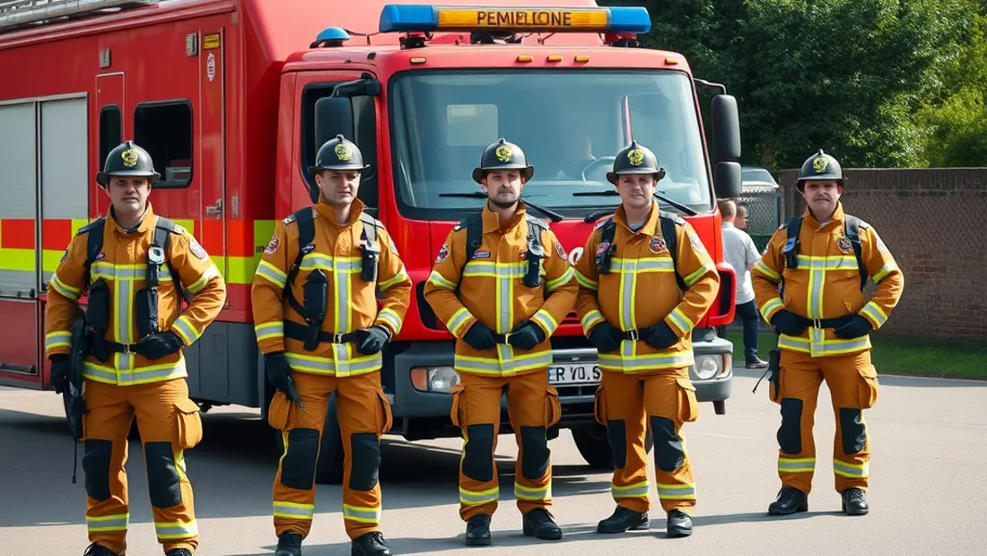 Pompiers in Ausrüstung vor einem Löschfahrzeug