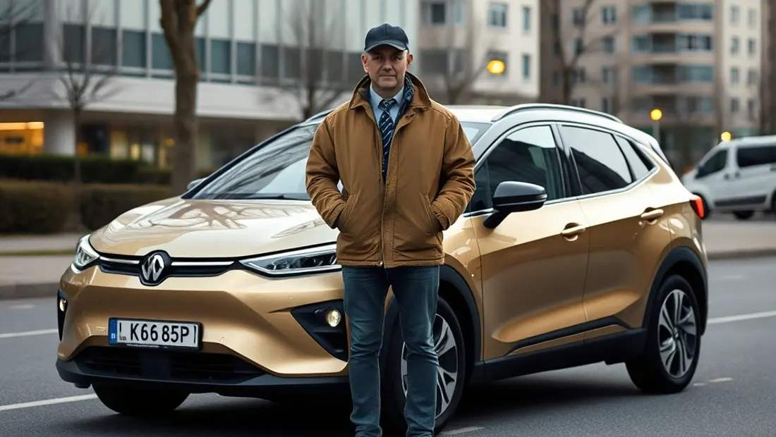 Ein Führer vor einem Elektroauto in der Stadt.