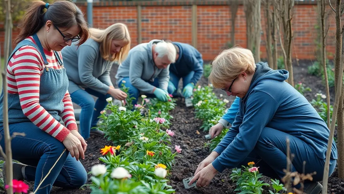 Gruppe arbeitet im Gemeinschaftsgarten.