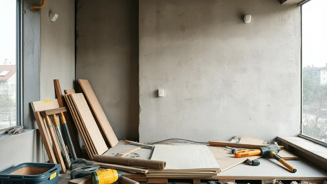 Projektbaustelle mit Werkzeugen und Baumaterialien.