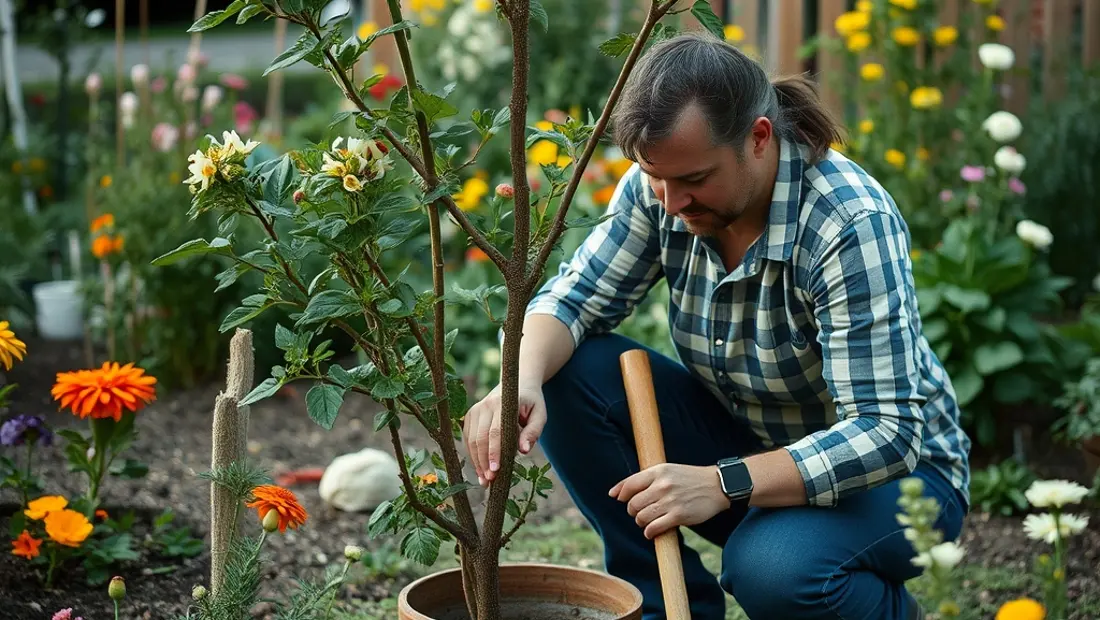 Ein Baum wird gepflanzt in einem Gemeinschaftsgarten.