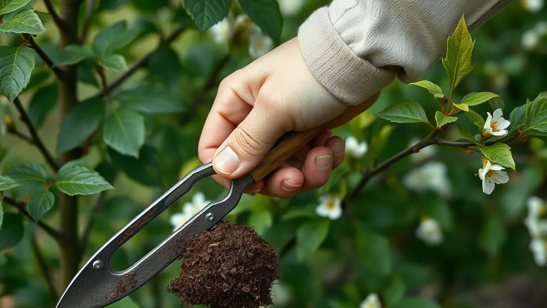 Eine Hand hält ein Pflanzwerkzeug, um einen Baum zu pflanzen.