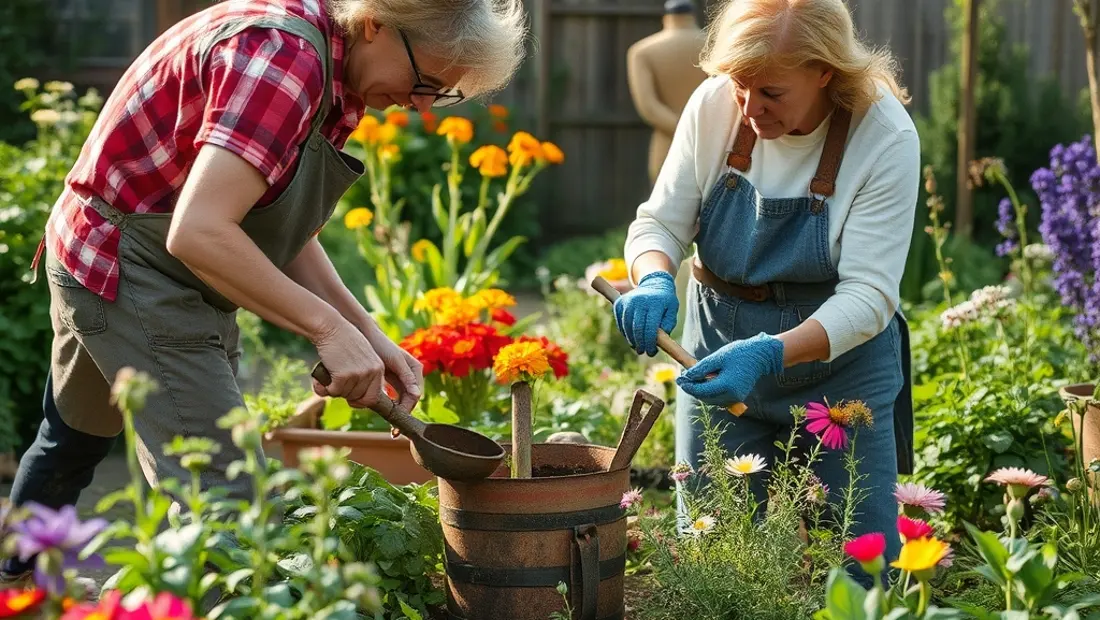Zwei Personen arbeiten gemeinsam in einem Gemeinschaftsgarten.