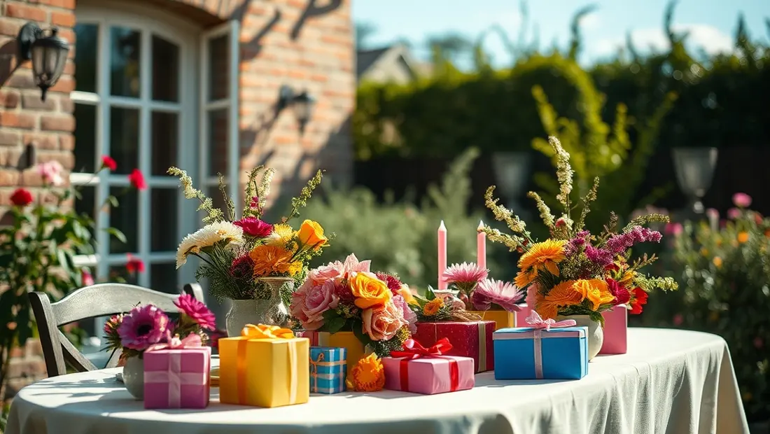 Tisch im Garten mit Blumen, Kerzen und Geschenken.