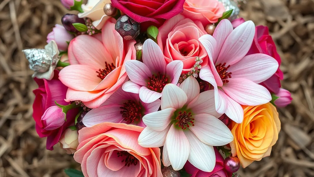 Blumenstrauß mit Bändern und Dekorationen.
