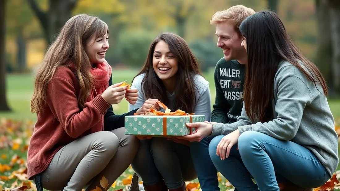 Freunde mit Geschenken in einem Park.